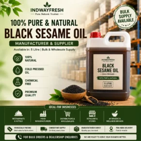 5 litre black sesame oil container for bulk wholesale supply with black sesame seeds, manufacturer and supplier for restaurants, distributors and retailers.