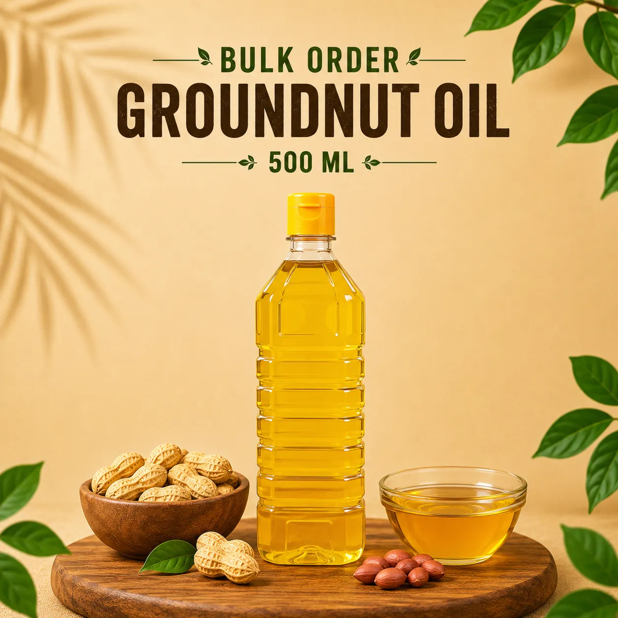 Bulk Order Groundnut Oil 500ml bottle displayed with groundnuts and natural theme