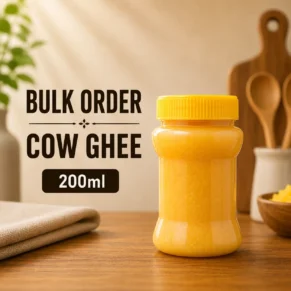 200ml Cow Ghee jar for bulk orders displayed on a wooden table with a natural kitchen background