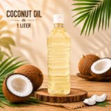 InWayFresh 1-liter coconut oil bottle displayed with fresh coconut halves and coconut pieces on a natural wooden background.