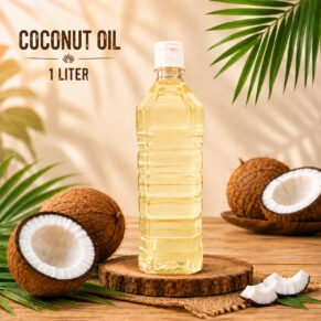 InWayFresh 1-liter coconut oil bottle displayed with fresh coconut halves and coconut pieces on a natural wooden background.