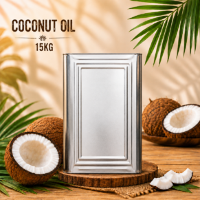 InWayFresh Coconut Oil 15kg tin packaging with fresh coconuts and tropical palm leaves