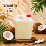 InWayFresh Coconut Oil 5 Liter jerrycan with fresh coconuts and tropical palm leaves