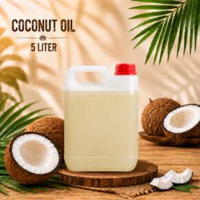 InWayFresh Coconut Oil 5 Liter jerrycan with fresh coconuts and tropical palm leaves