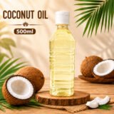 InWayFresh 500ml coconut oil bottle with fresh coconut halves and coconut pieces on a rustic wooden background.