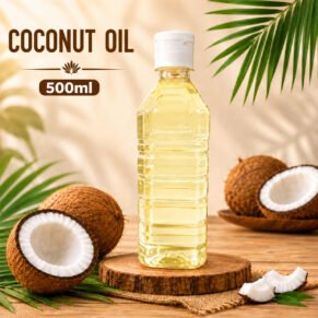 InWayFresh 500ml coconut oil bottle with fresh coconut halves and coconut pieces on a rustic wooden background.
