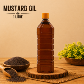 Inwayfresh 1 litre mustard oil bottle with black mustard seeds and fresh yellow mustard flowers