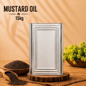 InwayFresh Mustard Oil 15kg tin with mustard seeds and yellow mustard flowers