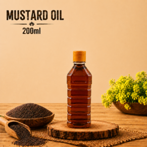 InwayFresh Mustard Oil 200ml bottle with mustard seeds and yellow mustard flowers