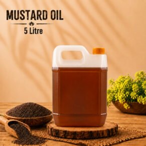 InwayFresh Mustard Oil 5 Litre can with mustard seeds and yellow mustard flowers