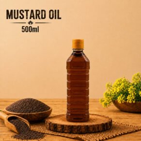 InwayFresh Mustard Oil 500ml bottle with mustard seeds and yellow mustard flowers