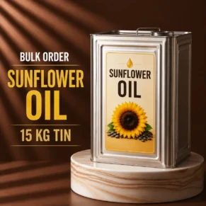 Sunflower Oil 15kg tin bulk order for wholesale buyers, food manufacturers and commercial kitchens