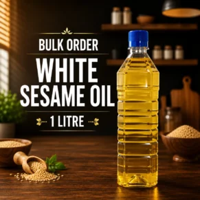White Sesame Oil 1 Litre Pack of 64 bulk order bottles for wholesale distribution, retail stores, hotels, restaurants, and commercial buyers.