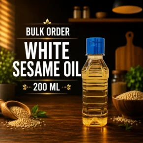 White Sesame Oil 200 ML Pack of 64 bulk order bottles displayed in a premium kitchen background for wholesale and commercial supply.