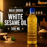 White Sesame Oil 500 ML Pack of 64 bulk order bottles displayed for wholesale supply, retail distribution, hotels, restaurants, and commercial buyers.