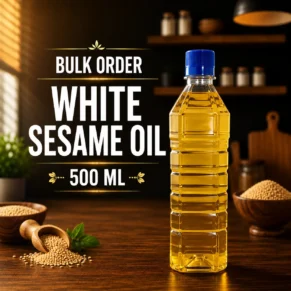 White Sesame Oil 500 ML Pack of 64 bulk order bottles displayed for wholesale supply, retail distribution, hotels, restaurants, and commercial buyers.