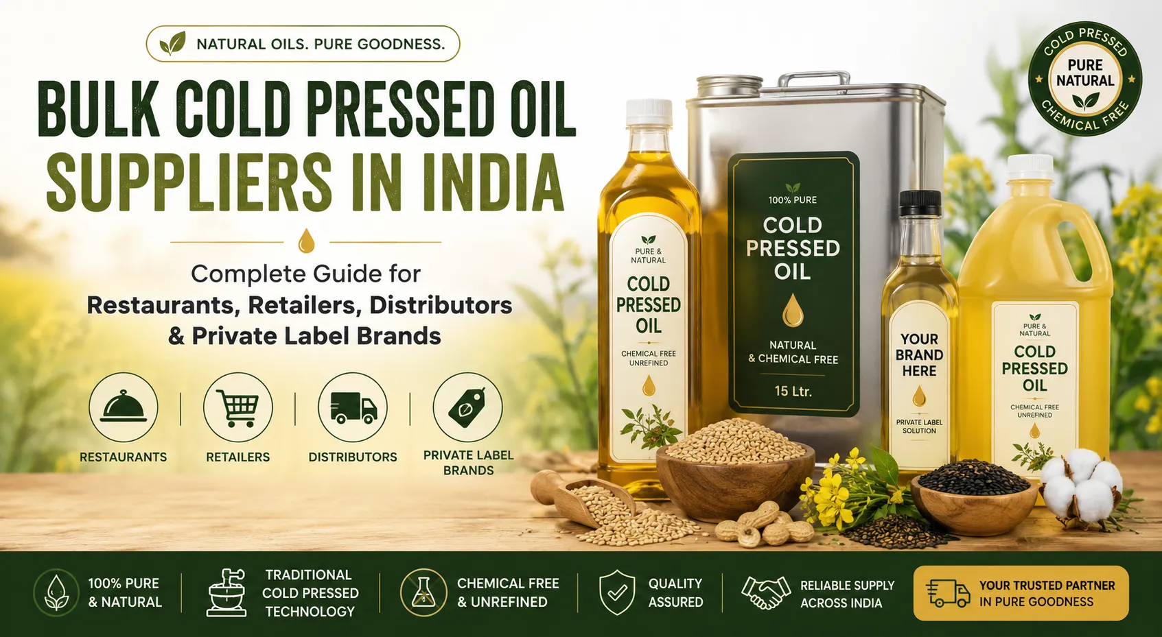 Bulk cold pressed oil suppliers in India for restaurants, retailers, distributors, and private label brands offering wholesale and bulk packaging solutions