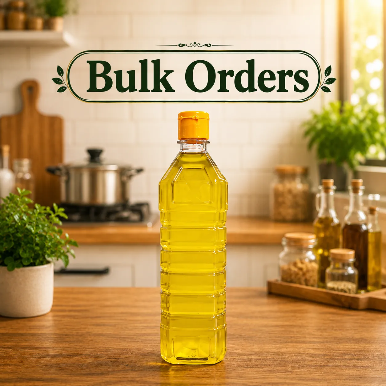 Bulk order cold pressed groundnut oil bottle displayed in a bright kitchen with groundnuts and natural ingredients.