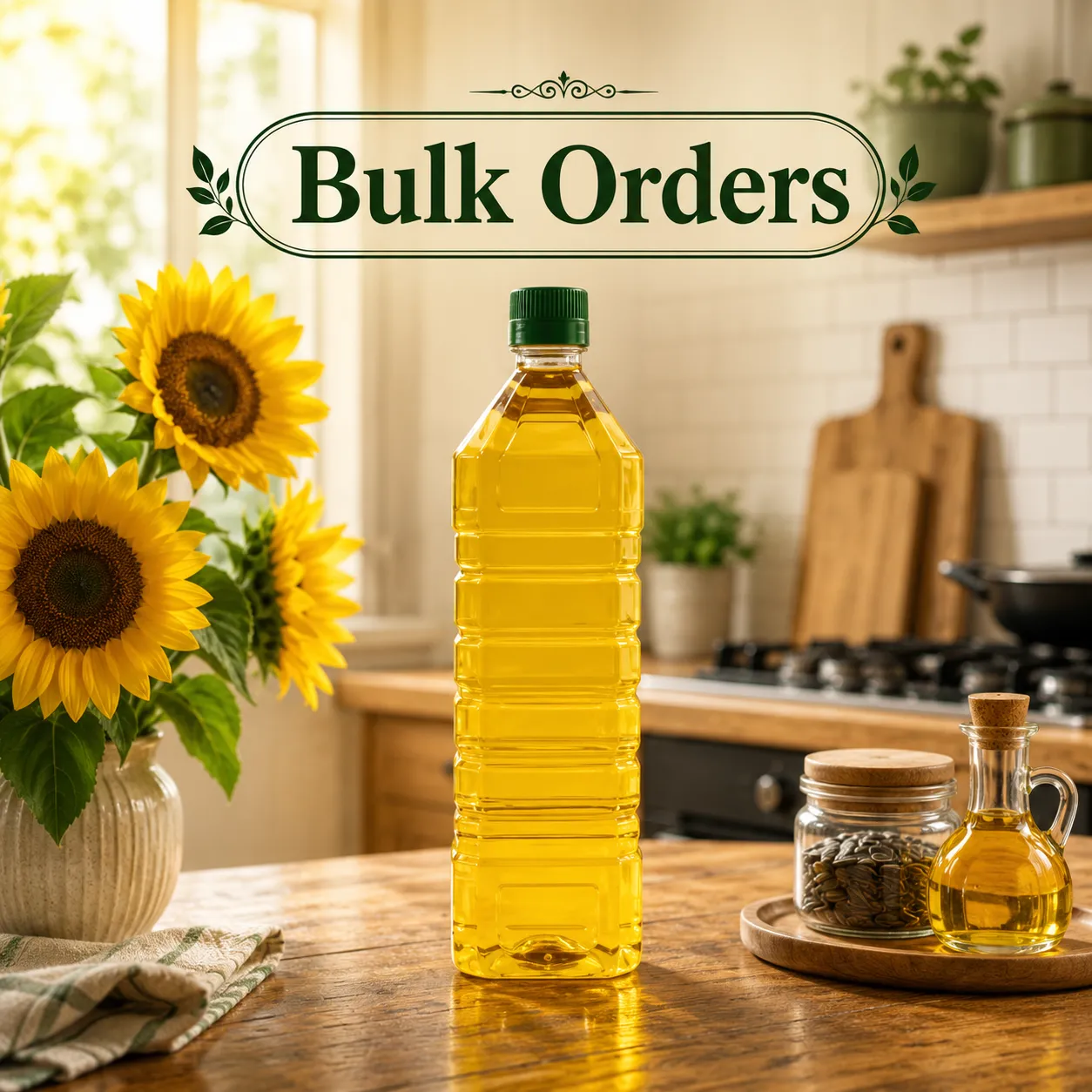 Sunflower oil bottle for bulk orders showcased on a kitchen countertop with cooking essentials and natural lighting
