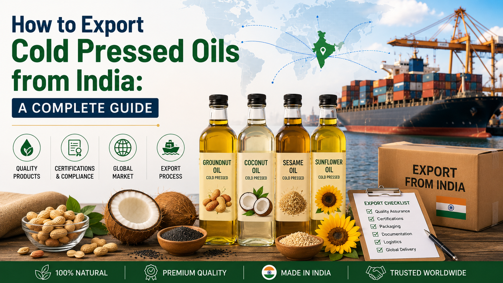 How to export cold pressed oils from India with export documentation, shipping, and global buyers