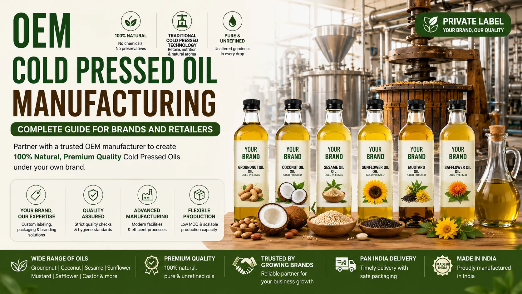 OEM cold pressed oil manufacturing facility with private label edible oil bottles for brands, retailers, distributors, and wholesale businesses.