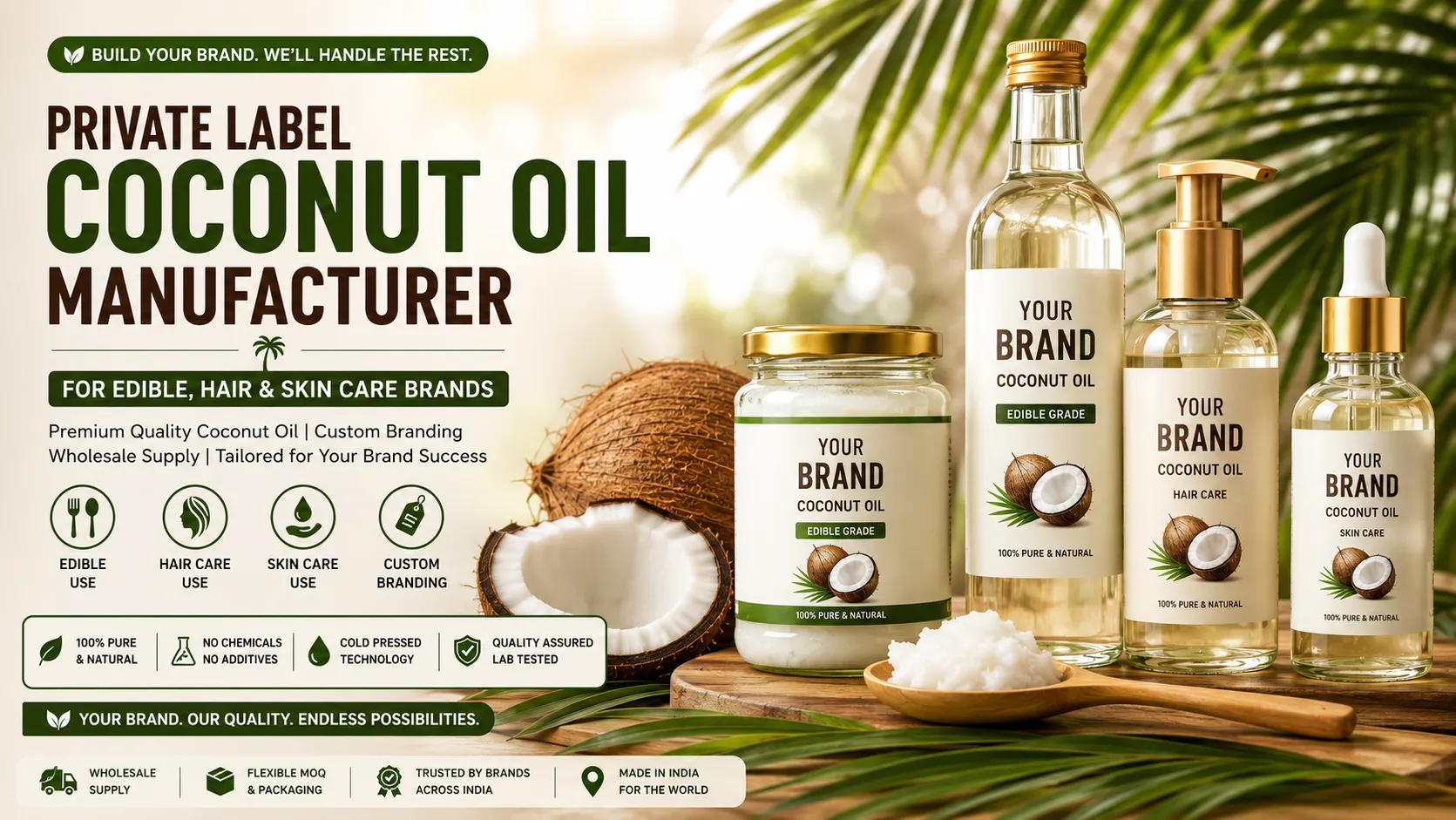 Private Label Coconut Oil Manufacturer for edible, hair care, and skin care brands in India offering cold-pressed, virgin, and customized coconut oil packaging solutions.