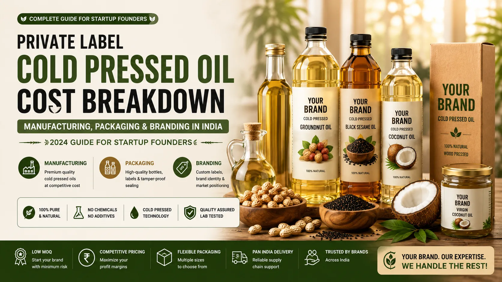 Private Label Cold Pressed Oil cost breakdown covering manufacturing, packaging, branding, and startup costs in India.