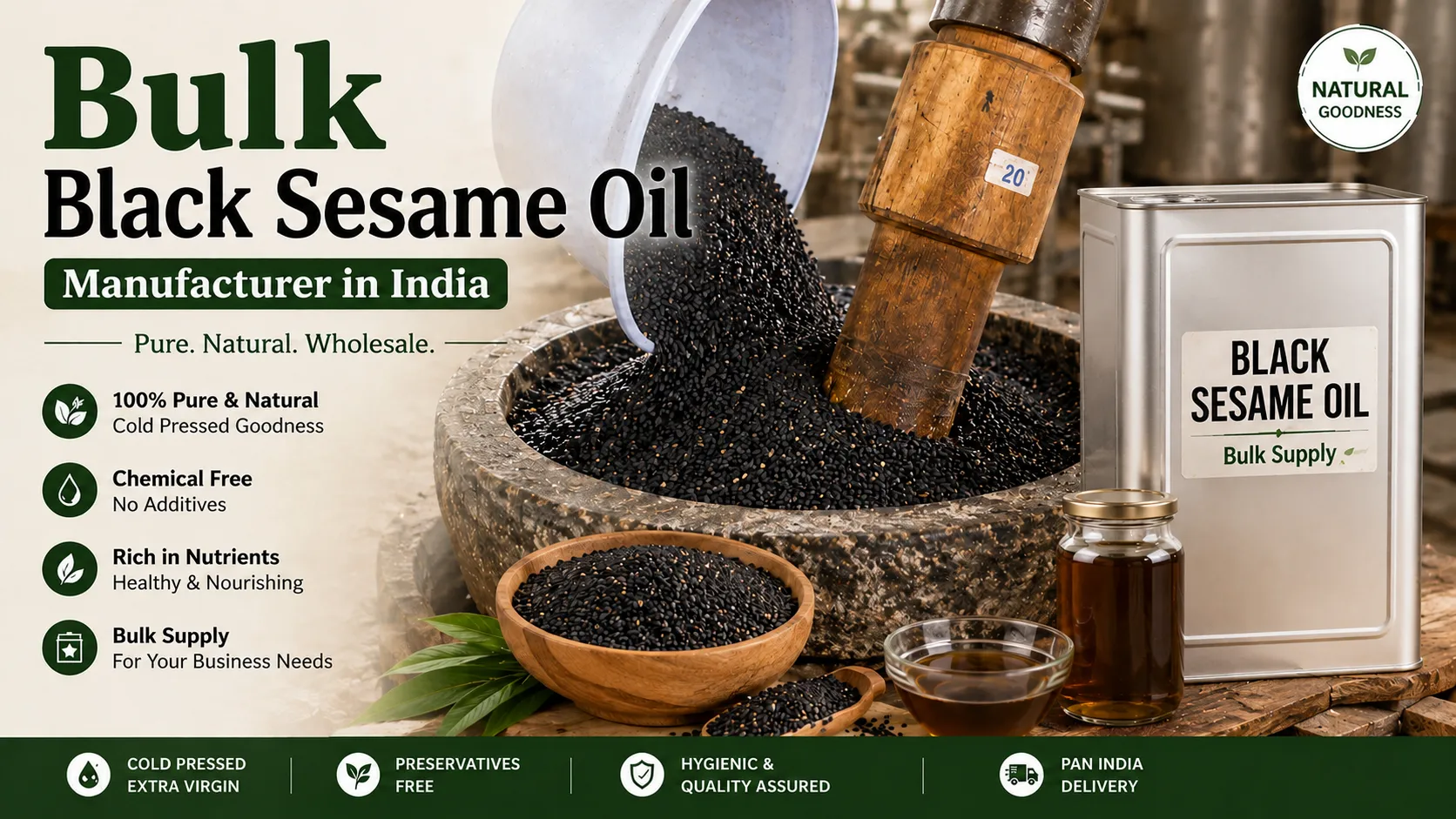 Bulk Black Sesame Oil Manufacturer in India with traditional cold-pressed sesame seeds, wooden chekku oil extraction, bulk tin container, and premium black sesame oil for wholesale supply