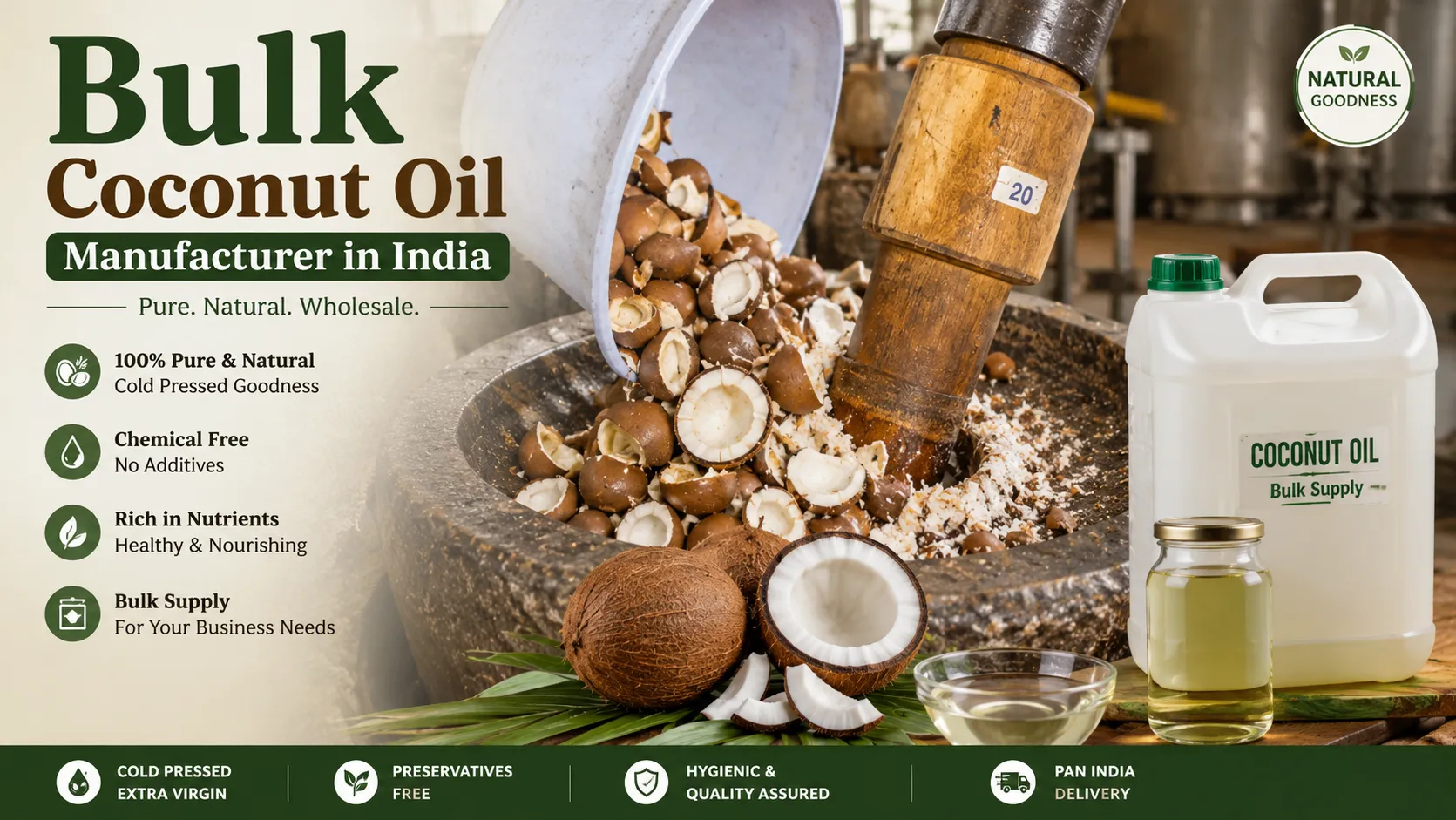 Bulk Coconut Oil Manufacturer in India using traditional cold press extraction with premium coconuts for wholesale, private label, and bulk supply