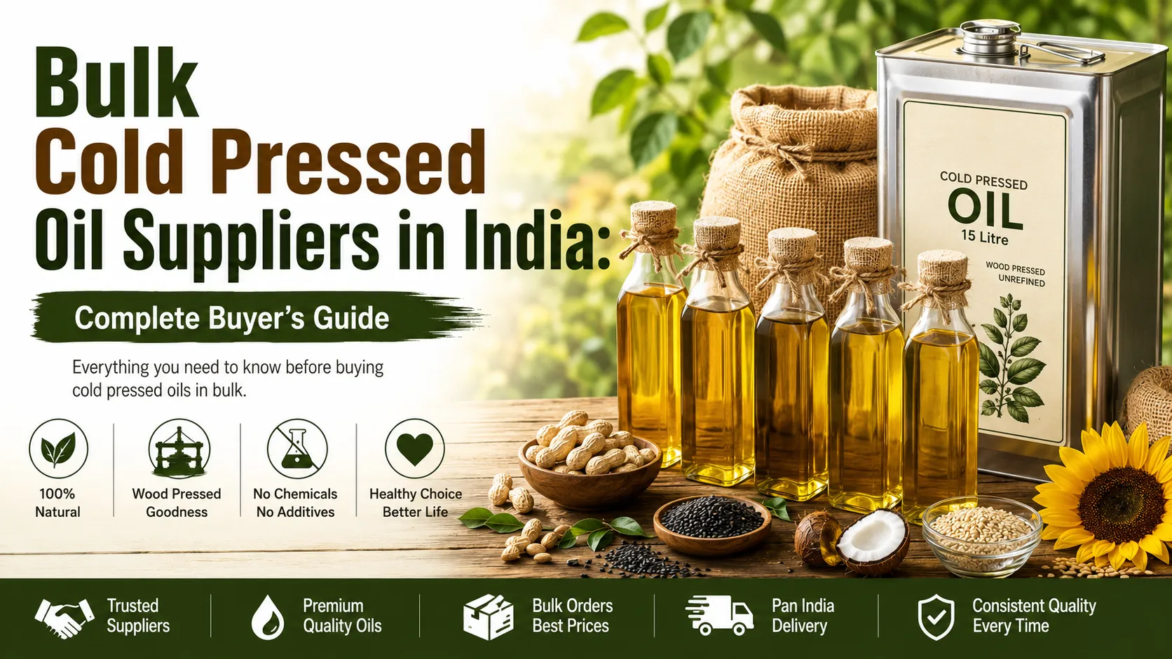 Bulk cold pressed oil suppliers in India buyer's guide featuring bulk edible oil containers, glass bottles, and natural oil seeds for wholesale and private label sourcing.