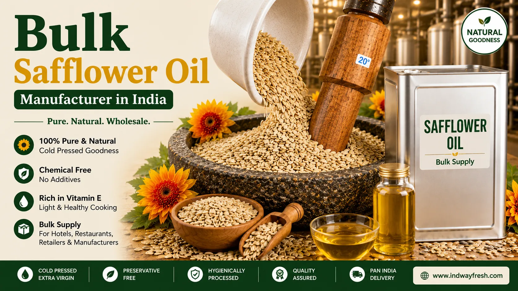 Bulk Cold Pressed Safflower Oil Manufacturer in India – Premium Natural Safflower Oil Bulk Supply for Hotels, Restaurants and Retailers | Indway Fresh