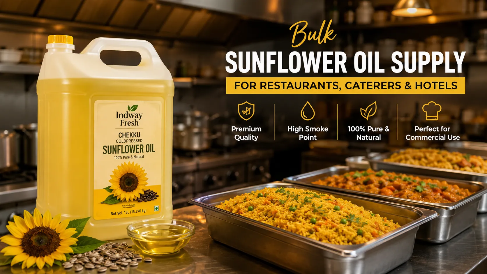 Indway Fresh Chekku Cold Pressed Sunflower Oil 15L bulk container for restaurants, caterers, hotels, and commercial kitchens in India.