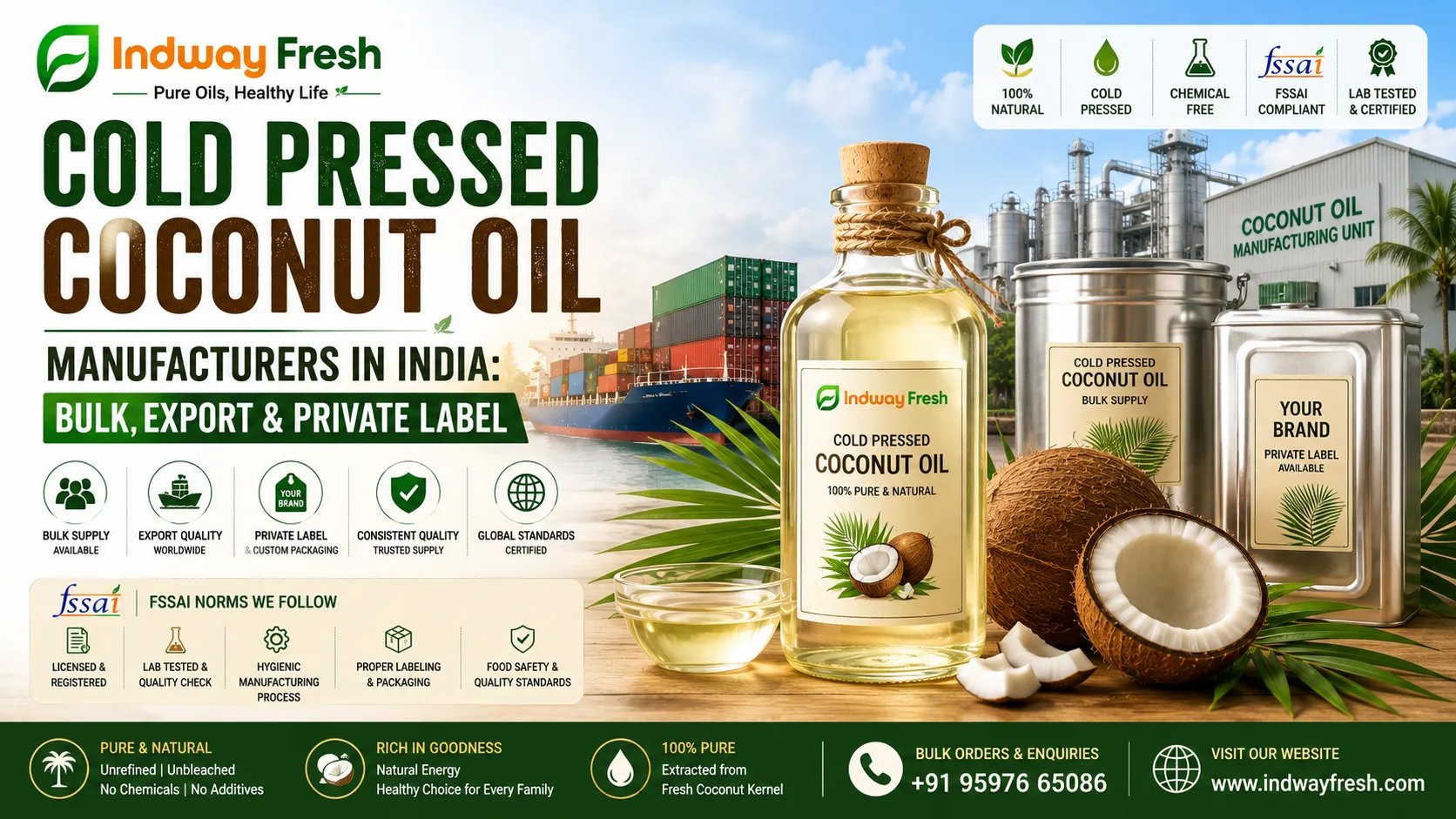 Cold pressed coconut oil in bulk tins and bottles from an Indian manufacturer for wholesale, export and private label orders