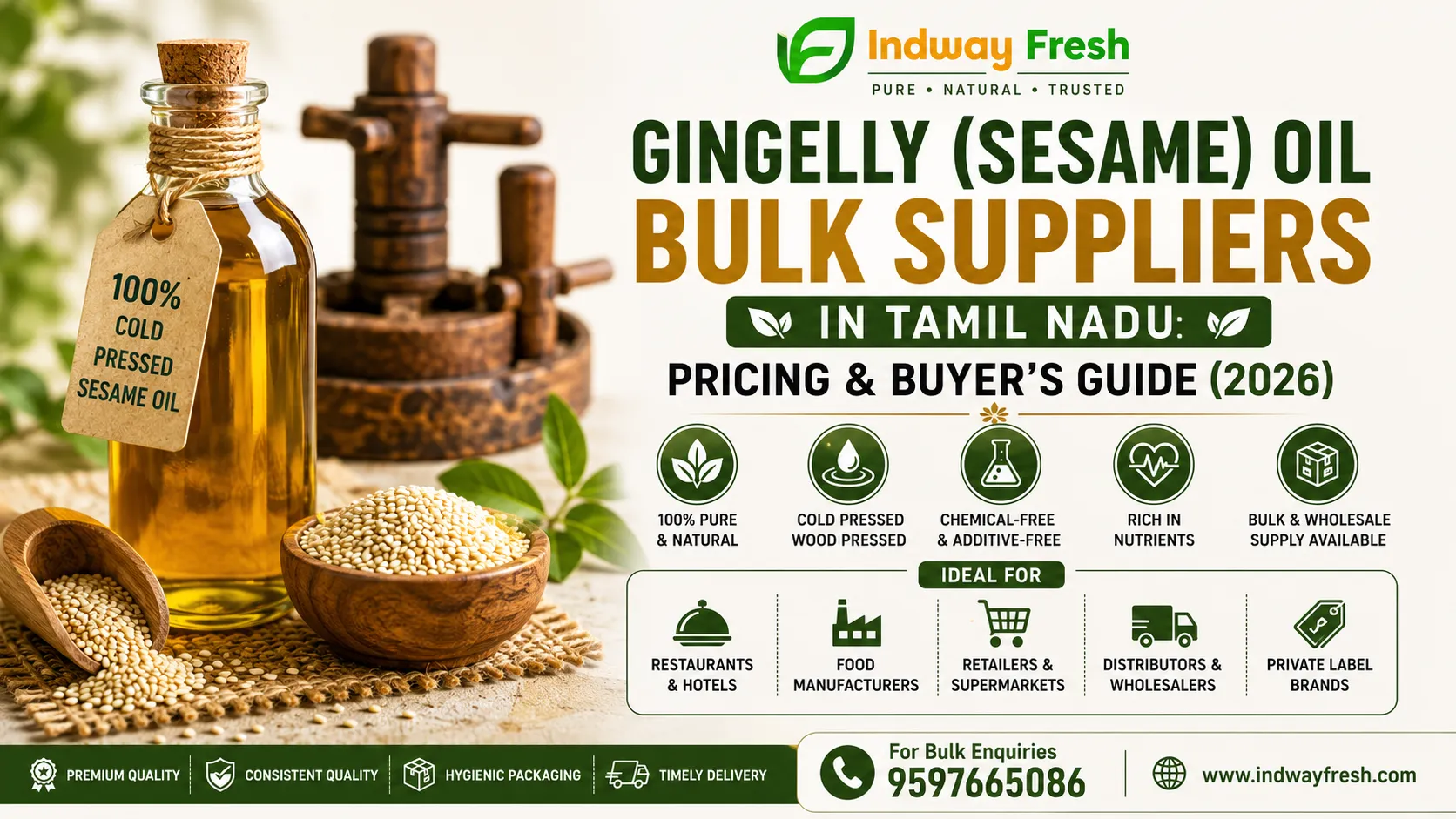 Gingelly (Sesame) Oil Bulk Suppliers in Tamil Nadu – Cold Pressed Sesame Oil Bulk Supply, Wholesale, OEM & Private Label Buyer's Guide 2026