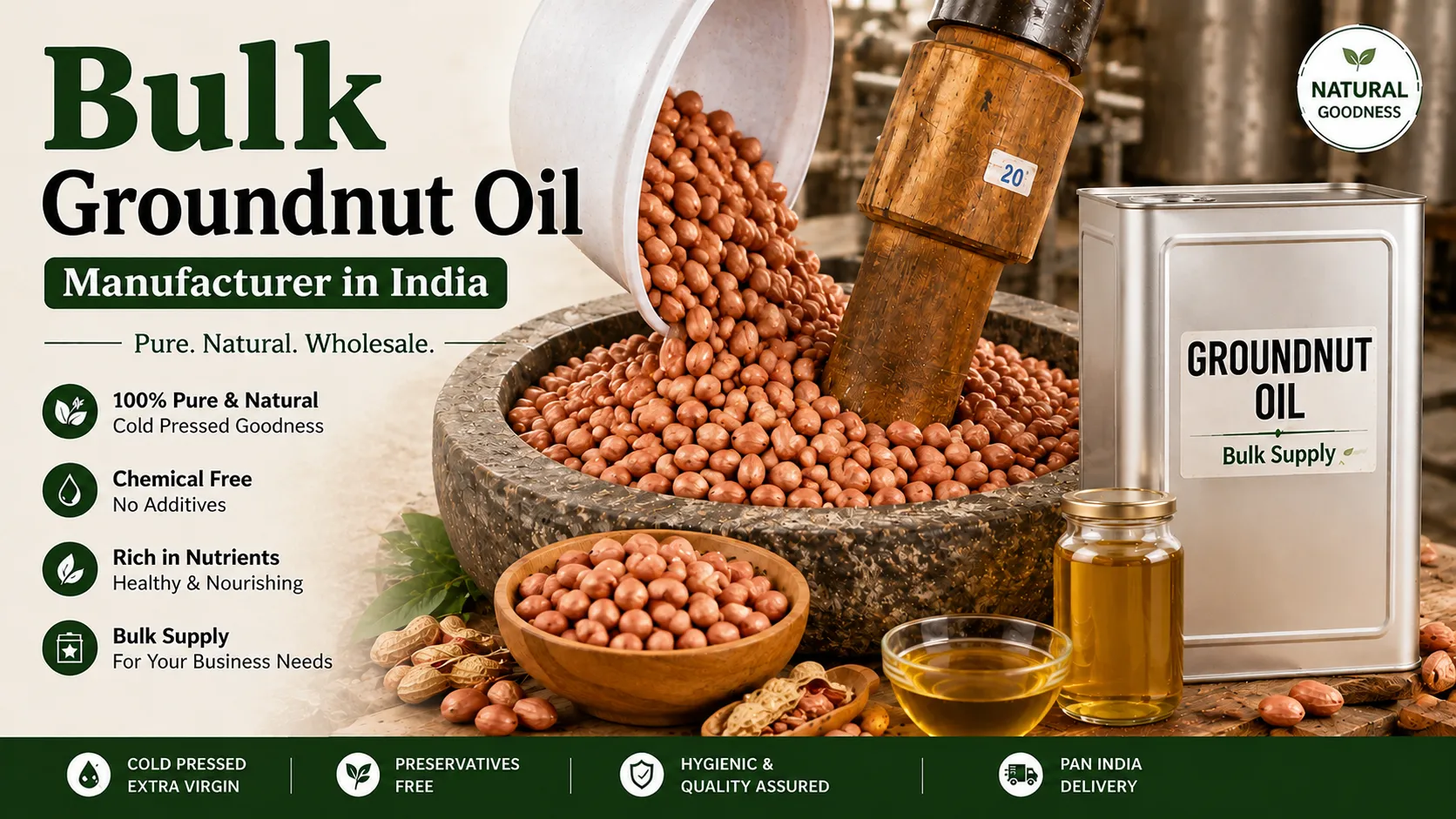 Bulk Groundnut Oil Manufacturer in India offering 100% pure cold pressed groundnut oil for wholesale, bulk supply, and pan India delivery.