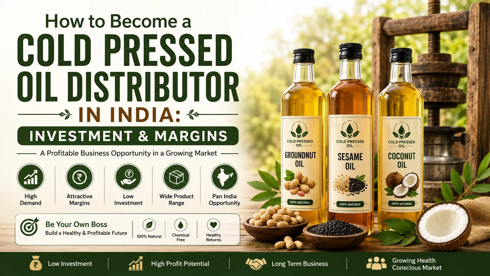 How to become a cold pressed oil distributor in India showing investment, profit margins, and business opportunities with cold pressed oil bottles.