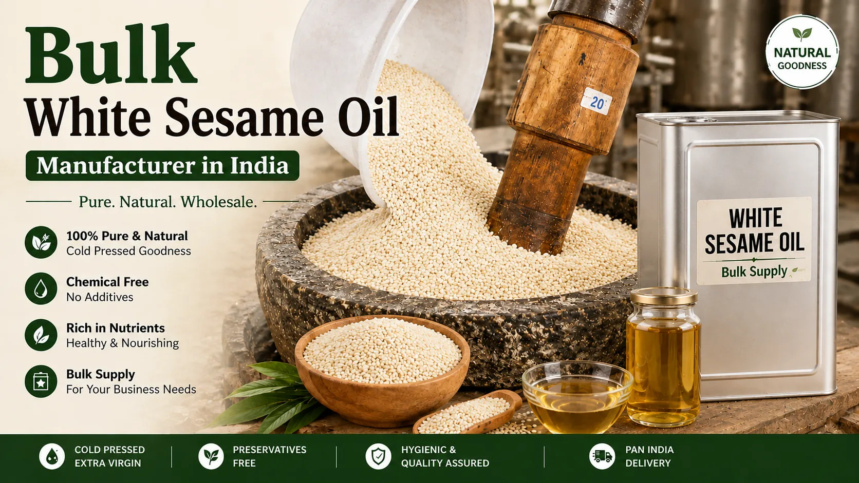 Bulk White Sesame Oil Manufacturer in India with premium white sesame seeds, traditional cold-pressed extraction, wholesale tin container, and pure sesame oil for bulk supply