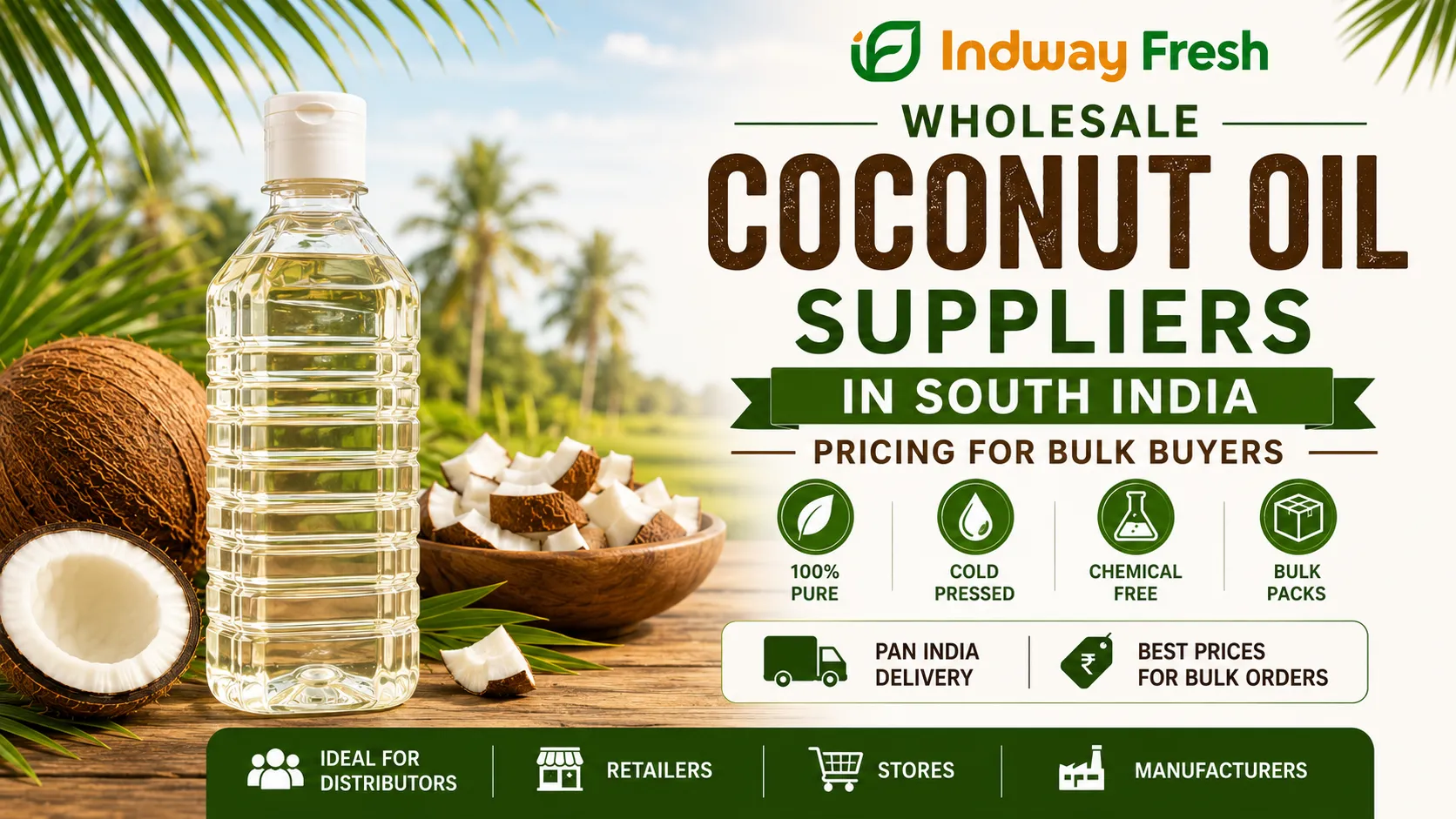 Wholesale Coconut Oil Suppliers in South India banner featuring cold pressed coconut oil bottle, dried coconuts (copra), and bulk pricing for distributors, retailers, and manufacturers