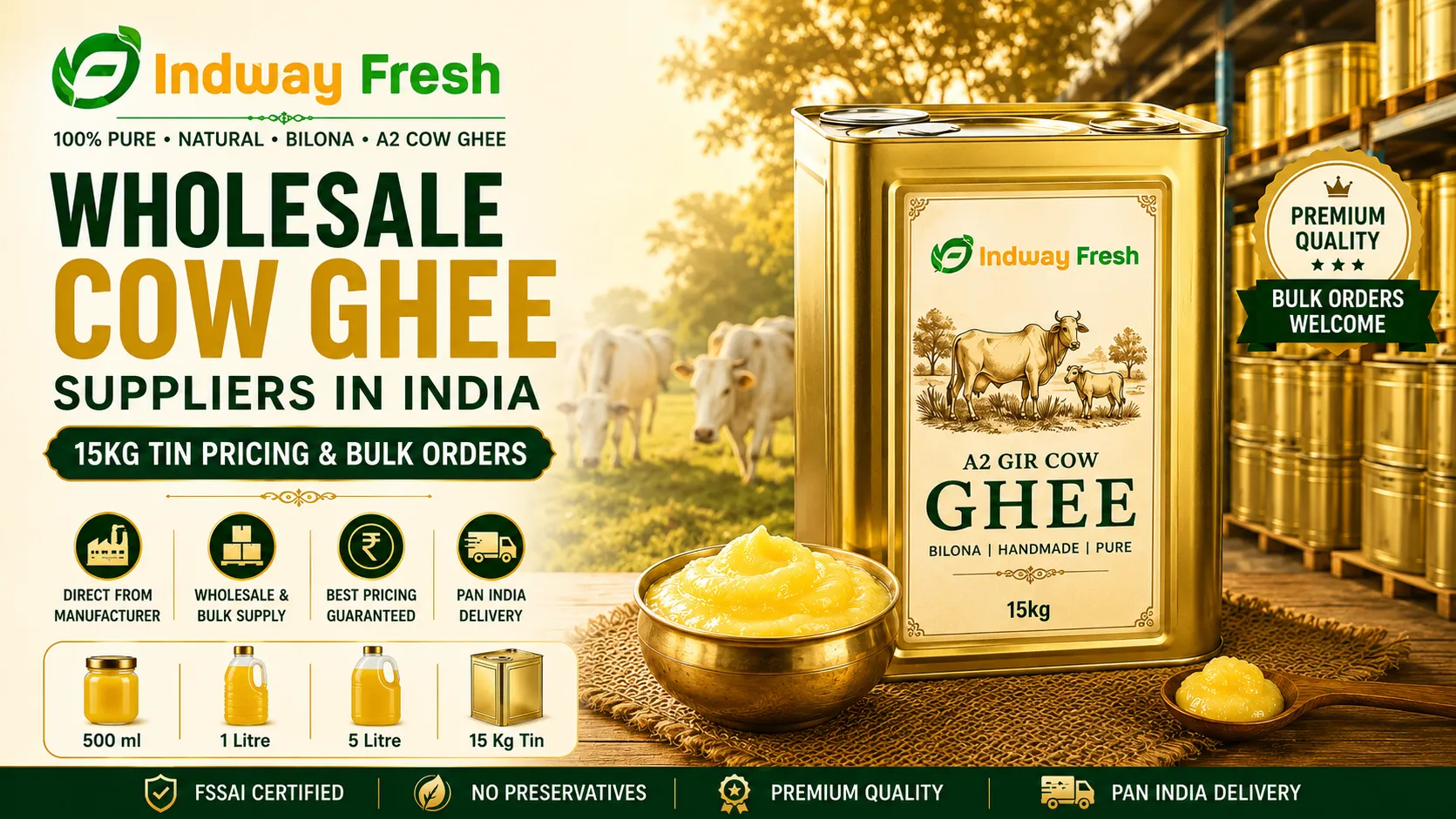 Wholesale cow ghee 15kg bulk pack from Indway Fresh, traditionally made cow ghee supplier in India