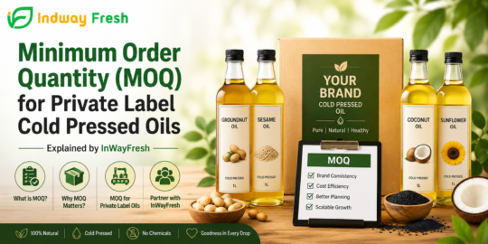 Indway Fresh private label cold pressed oils MOQ guide with branded oil bottles, packaging box, and MOQ checklist.