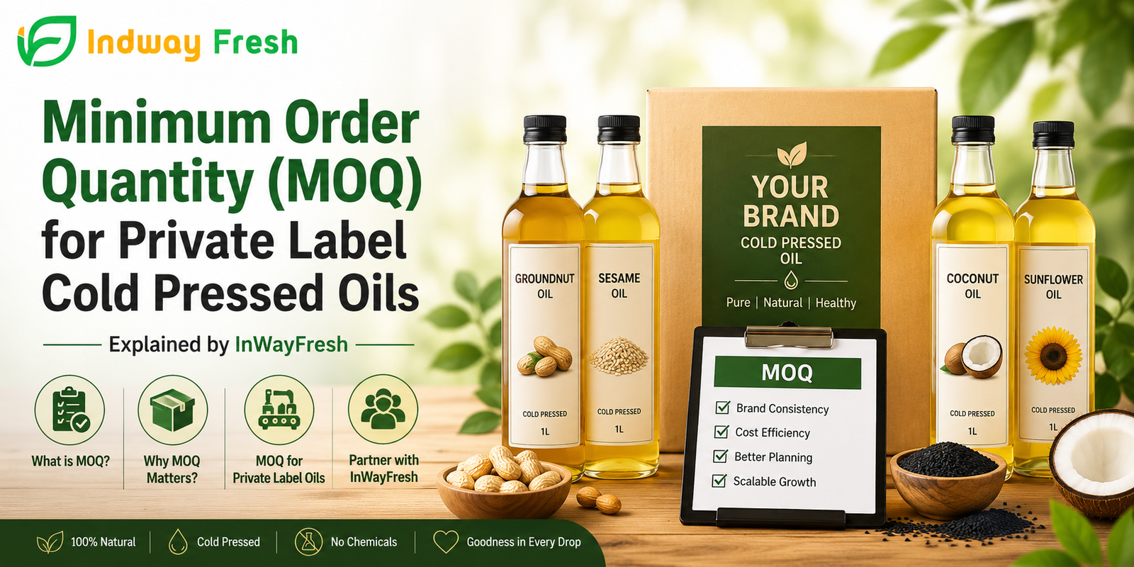 Indway Fresh private label cold pressed oils MOQ guide with branded oil bottles, packaging box, and MOQ checklist.