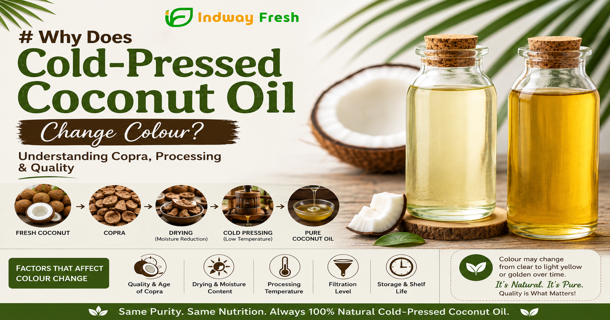 : Why Does Cold-Pressed Coconut Oil Change Colour? Understanding copra quality, drying, cold pressing, filtration, storage, and natural colour changes in coconut oil.