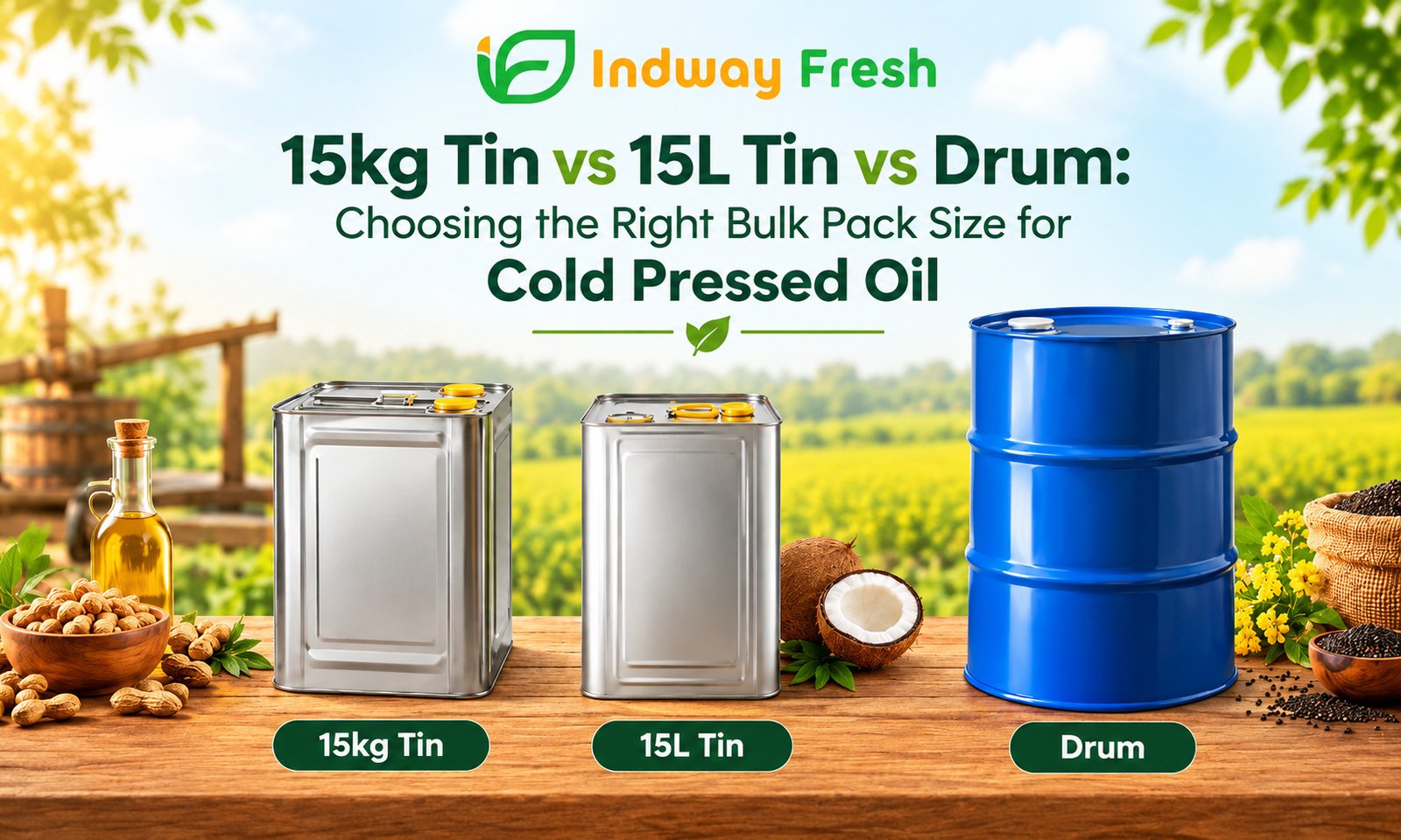 Indway Fresh 15kg tin, 15L tin and drum bulk packaging options for cold pressed oil