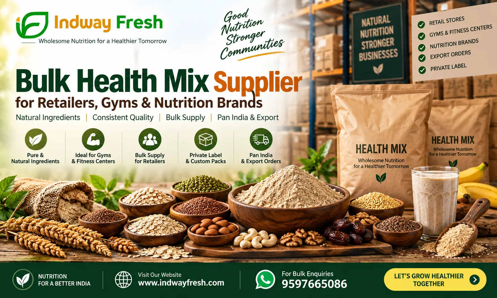 Bulk health mix supplier for retailers, gyms and nutrition brands by Indway Fresh