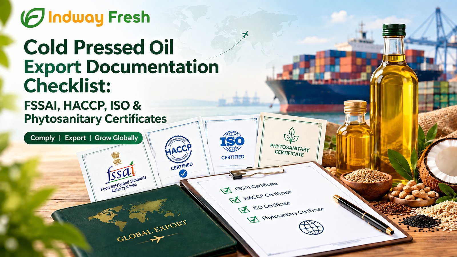 Cold pressed oil export documentation checklist featuring FSSAI, HACCP, ISO and phytosanitary certificates, with oil bottles, export containers and cargo ship in the background.