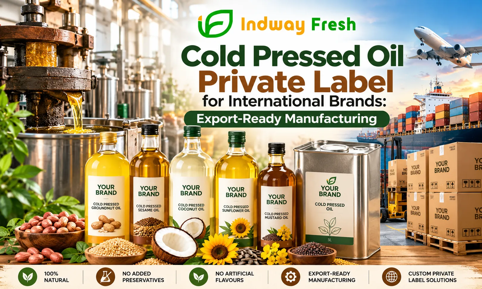 Cold pressed oil private label manufacturing for international brands and export-ready production by Indway Fresh