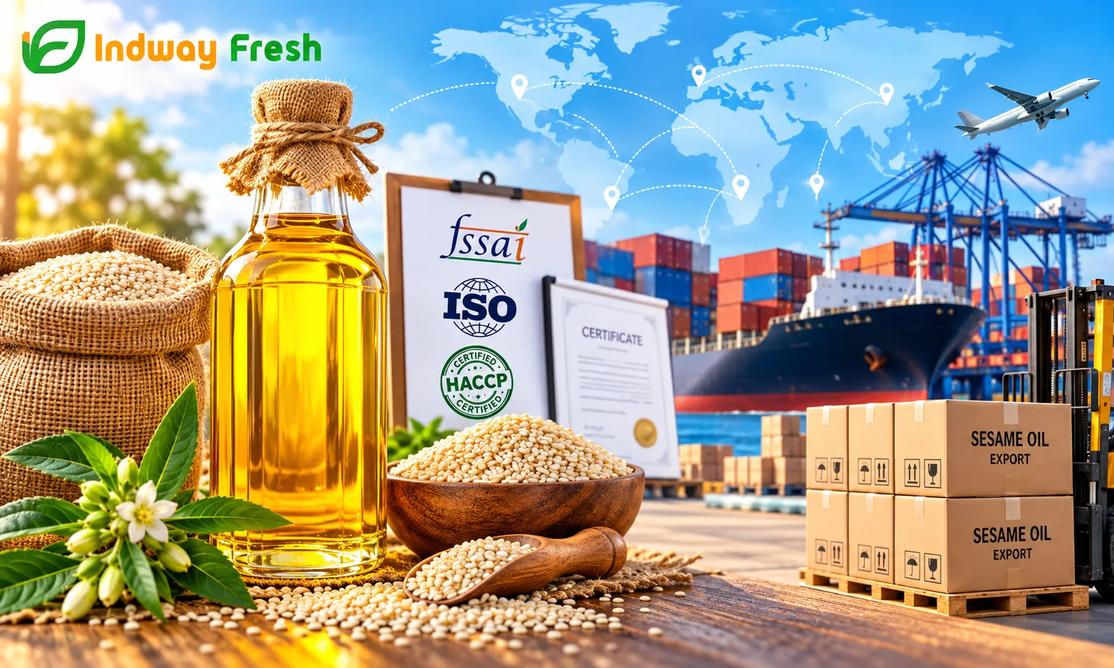 Sesame oil export from India with quality certifications, sesame seeds, export packaging, and global shipping port