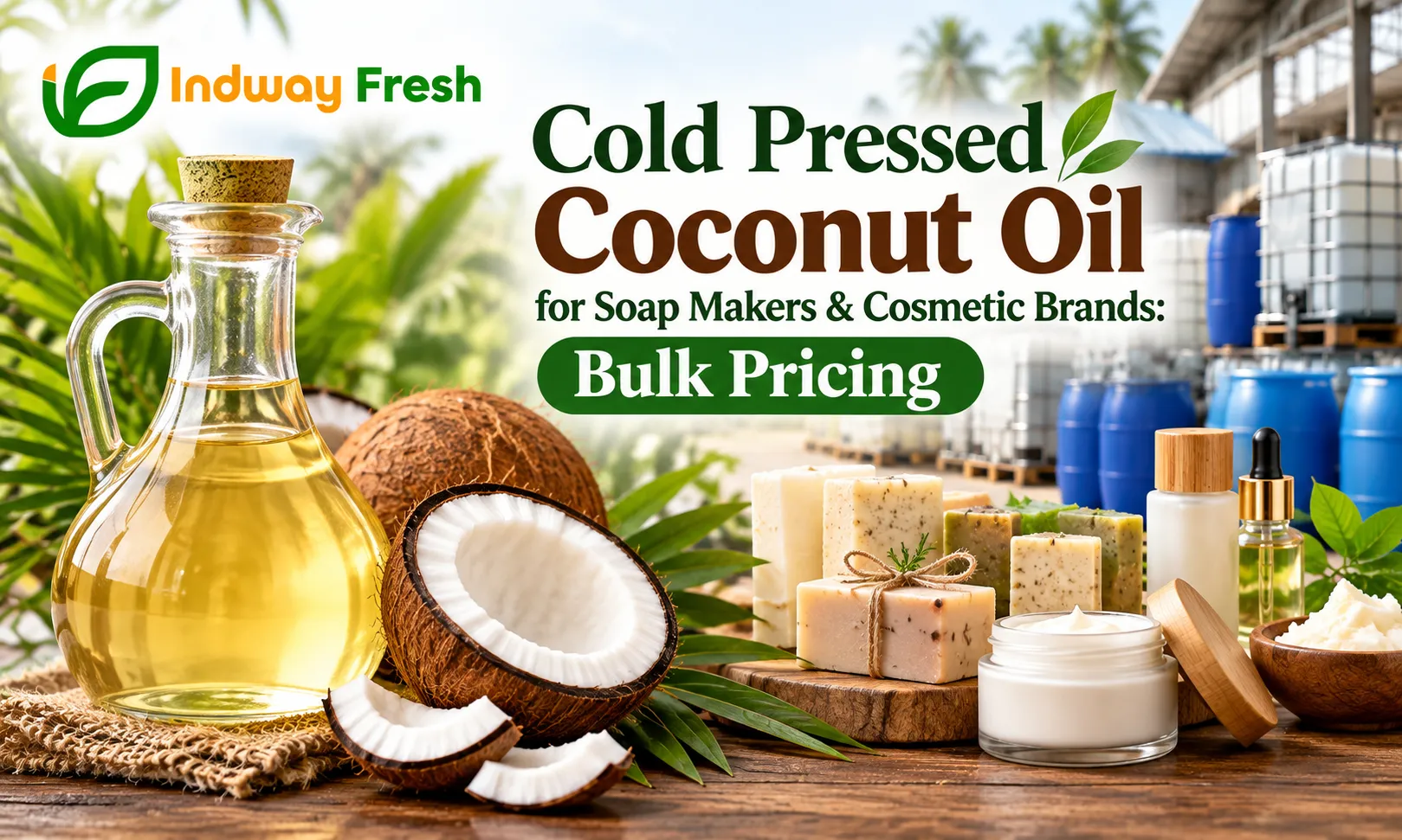Cold pressed coconut oil for soap makers and cosmetic brands with bulk wholesale pricing from Indway Fresh.
